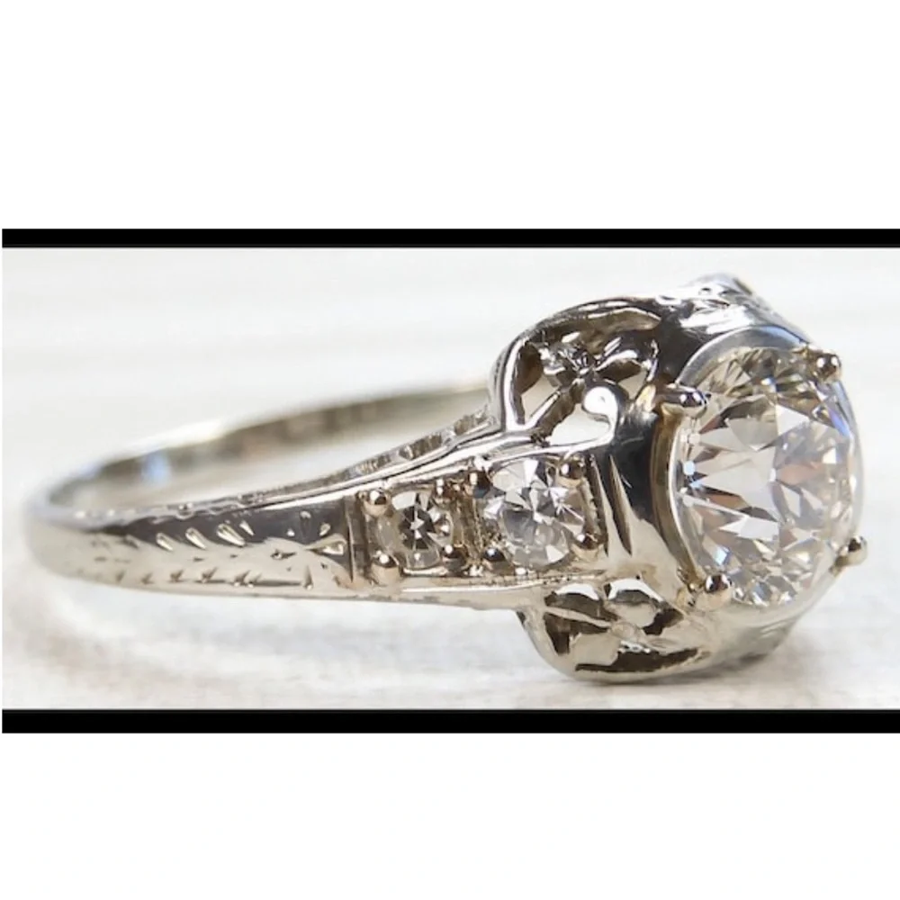 Art Deco 97ct 1920s Antique Old European Cut Diamond 18k white gold ring estate - Picture 6 of 14